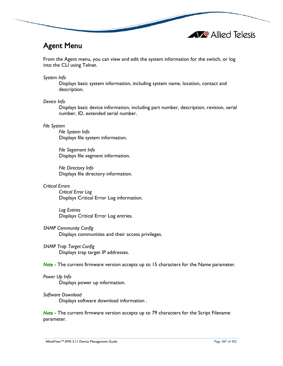 Agent menu | Allied Telesis AlliedView-EMS 3.11 DEVICE MANAGEMENT User Manual | Page 387 / 402