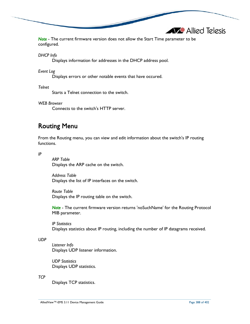 Routing menu | Allied Telesis AlliedView-EMS 3.11 DEVICE MANAGEMENT User Manual | Page 388 / 402