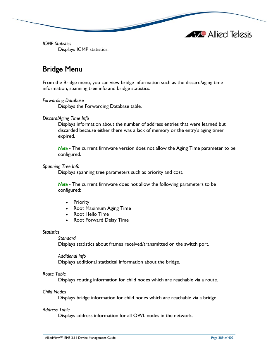 Bridge menu | Allied Telesis AlliedView-EMS 3.11 DEVICE MANAGEMENT User Manual | Page 389 / 402