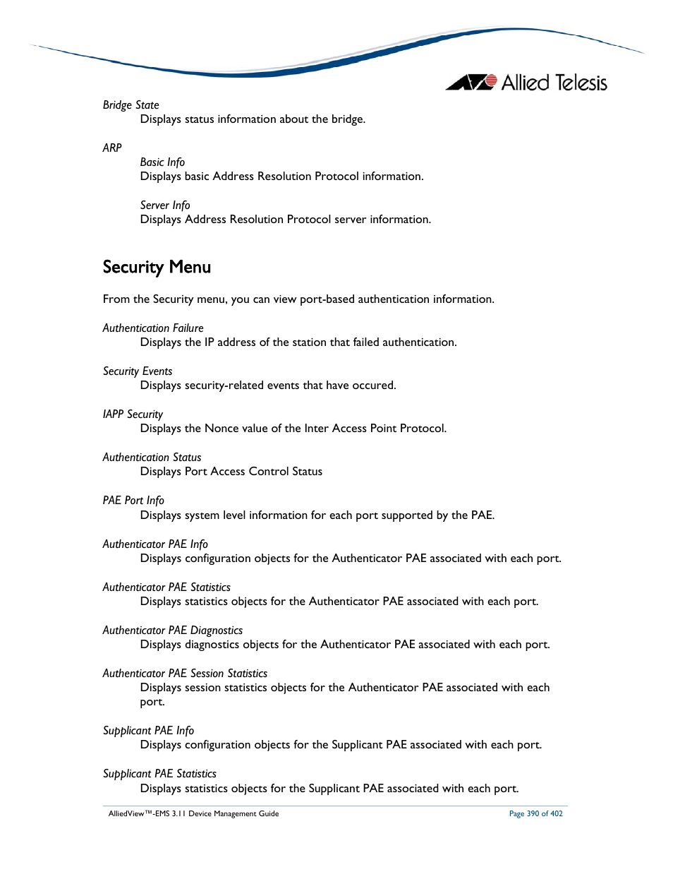 Security menu | Allied Telesis AlliedView-EMS 3.11 DEVICE MANAGEMENT User Manual | Page 390 / 402