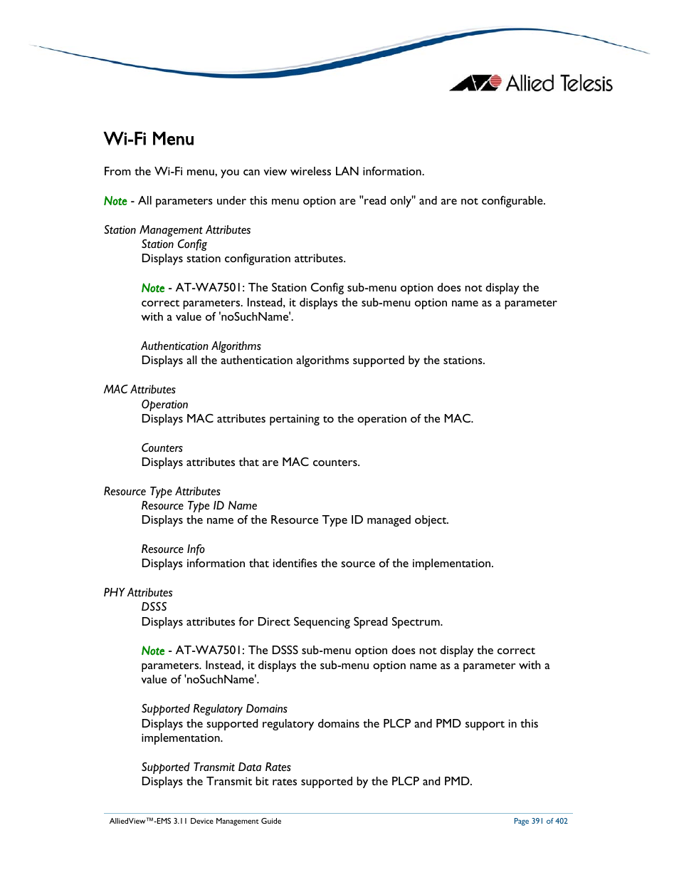 Wi-fi menu | Allied Telesis AlliedView-EMS 3.11 DEVICE MANAGEMENT User Manual | Page 391 / 402