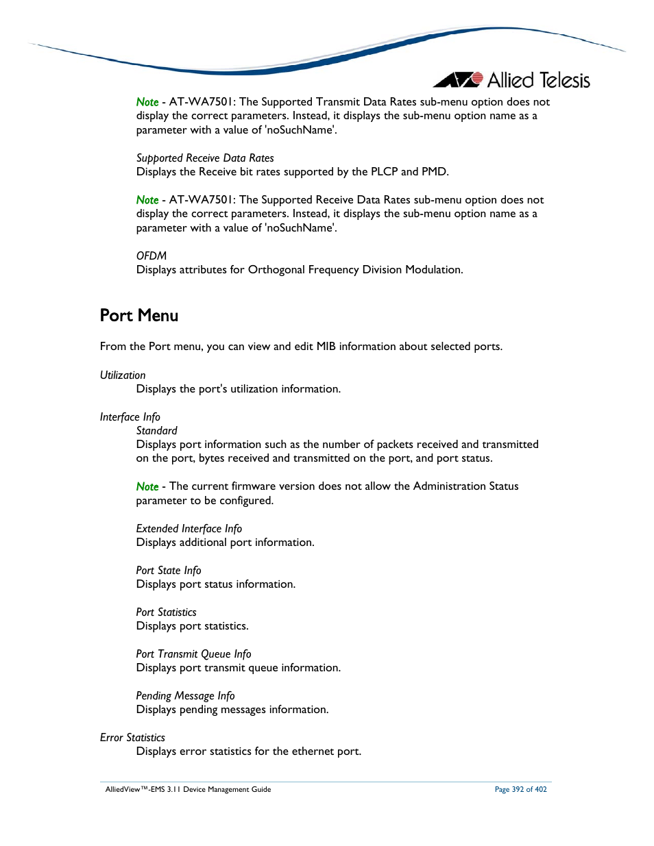 Port menu | Allied Telesis AlliedView-EMS 3.11 DEVICE MANAGEMENT User Manual | Page 392 / 402