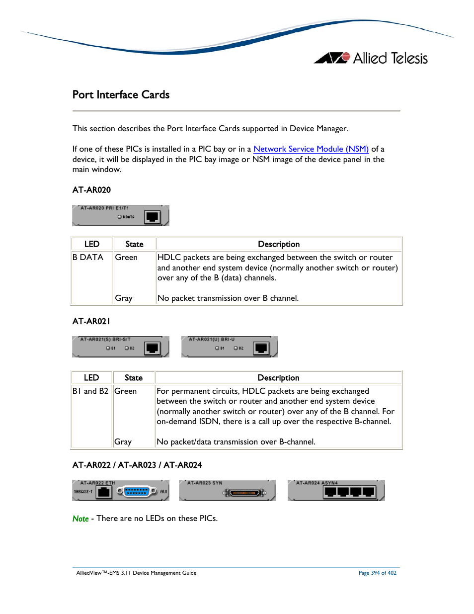 Port interface cards | Allied Telesis AlliedView-EMS 3.11 DEVICE MANAGEMENT User Manual | Page 394 / 402