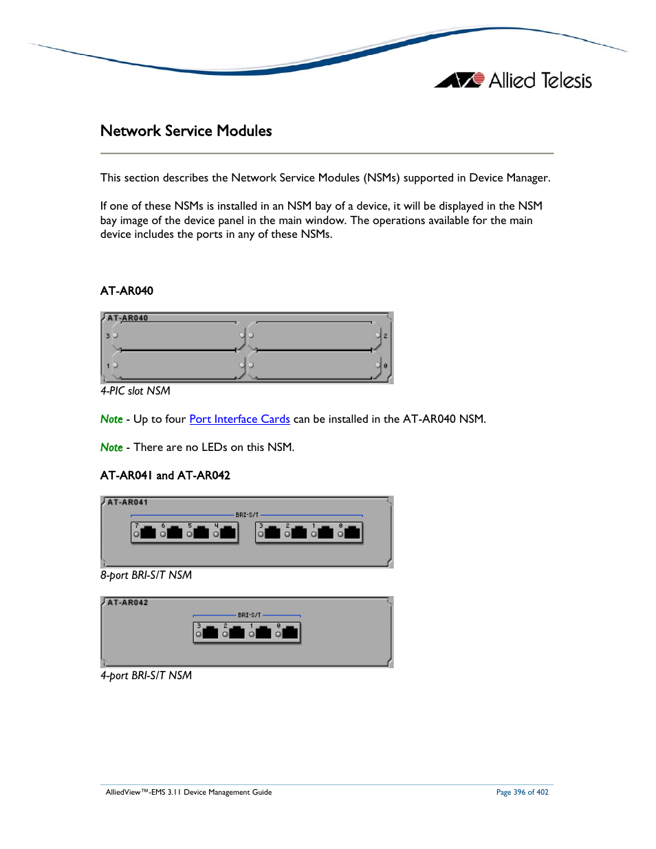 Network service modules | Allied Telesis AlliedView-EMS 3.11 DEVICE MANAGEMENT User Manual | Page 396 / 402