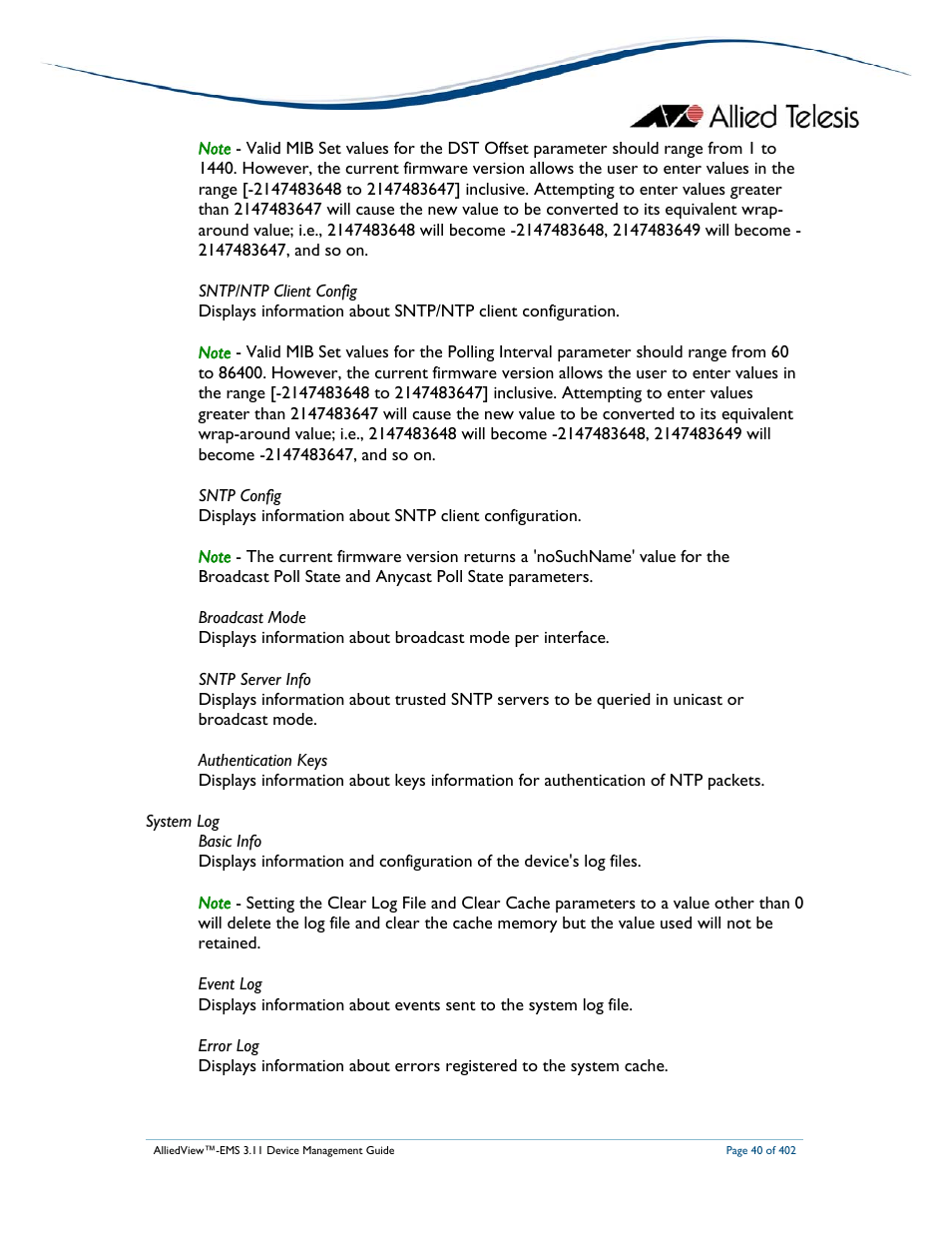 Allied Telesis AlliedView-EMS 3.11 DEVICE MANAGEMENT User Manual | Page 40 / 402