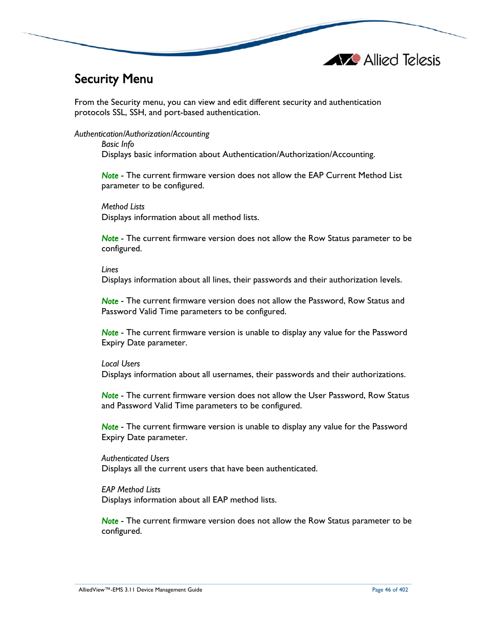 Security menu | Allied Telesis AlliedView-EMS 3.11 DEVICE MANAGEMENT User Manual | Page 46 / 402