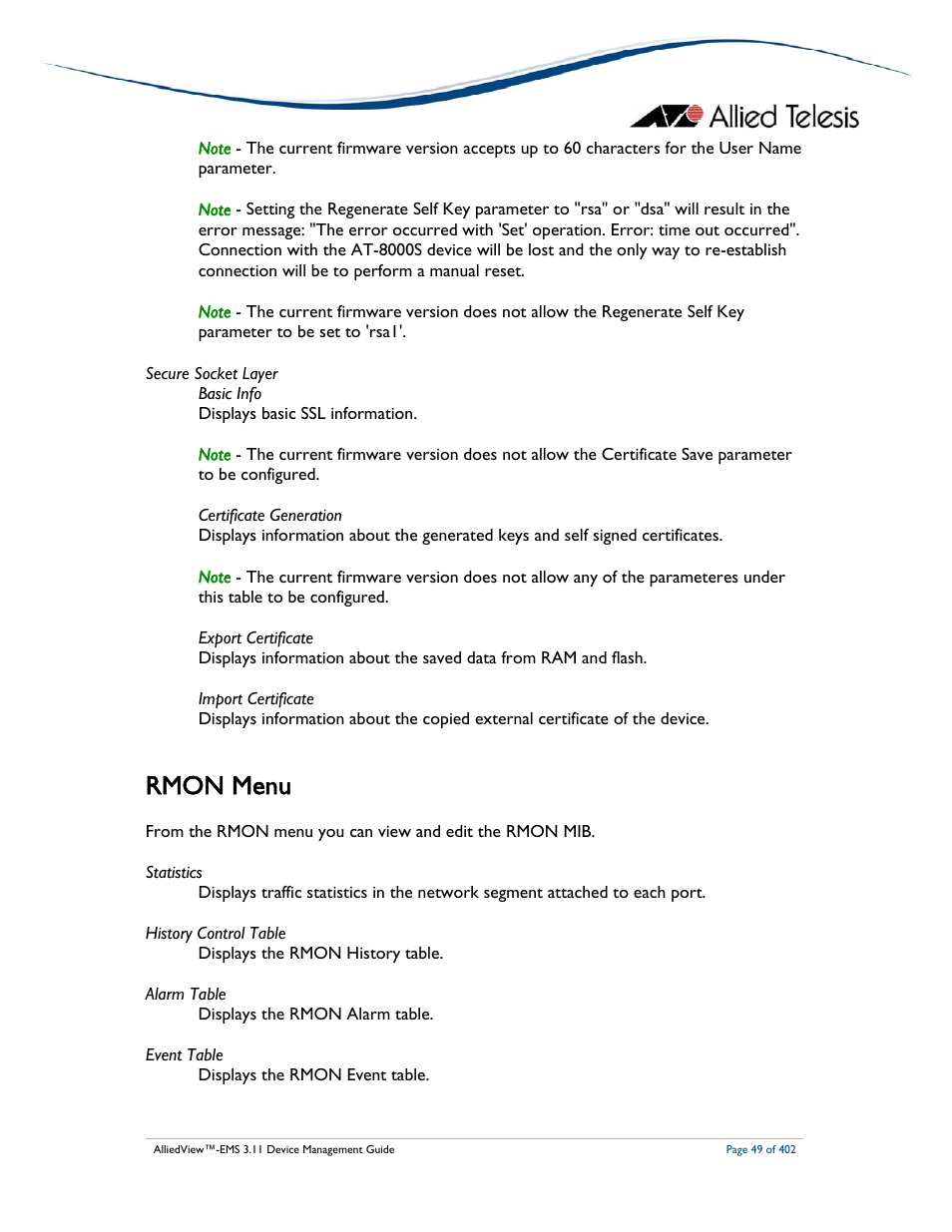 Rmon menu | Allied Telesis AlliedView-EMS 3.11 DEVICE MANAGEMENT User Manual | Page 49 / 402