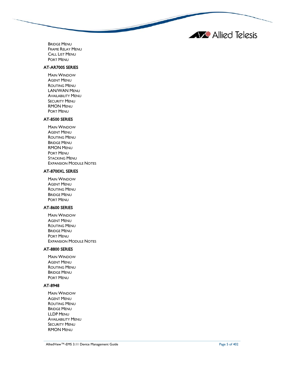 Allied Telesis AlliedView-EMS 3.11 DEVICE MANAGEMENT User Manual | Page 5 / 402