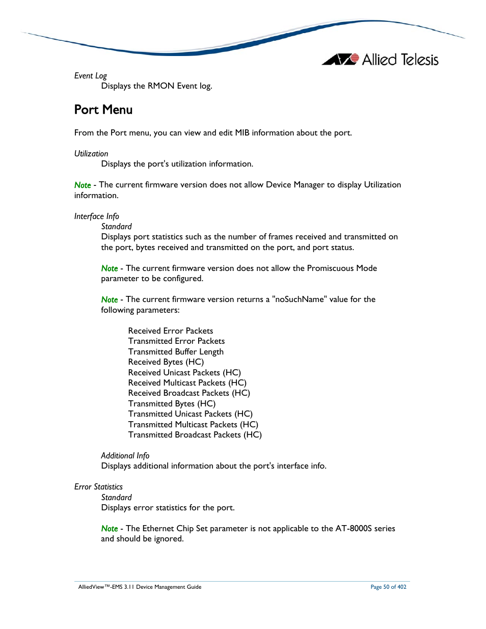Port menu | Allied Telesis AlliedView-EMS 3.11 DEVICE MANAGEMENT User Manual | Page 50 / 402