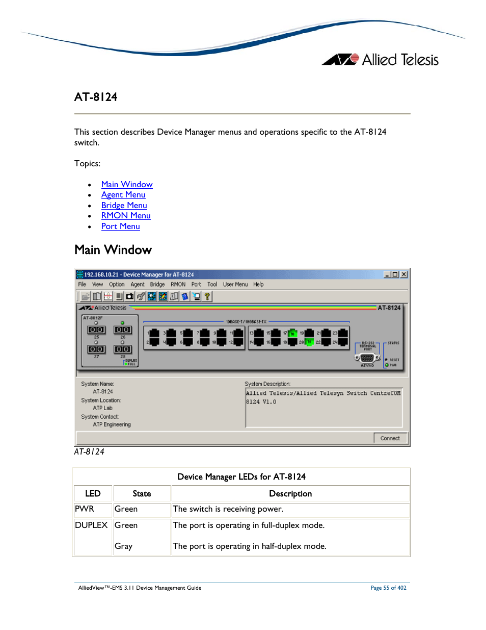 Main window, At-8124 | Allied Telesis AlliedView-EMS 3.11 DEVICE MANAGEMENT User Manual | Page 55 / 402