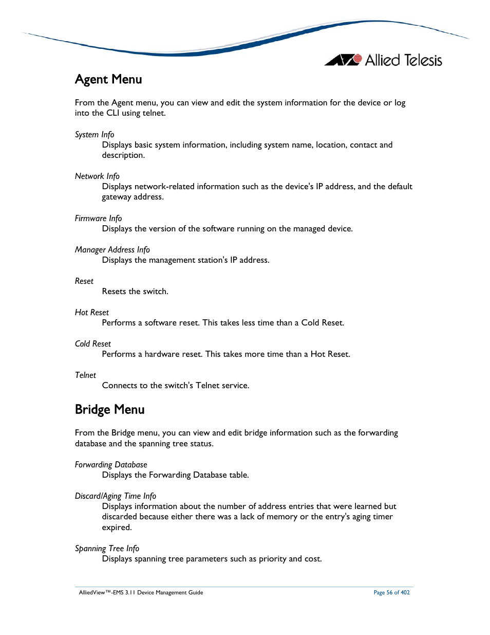 Agent menu, Bridge menu | Allied Telesis AlliedView-EMS 3.11 DEVICE MANAGEMENT User Manual | Page 56 / 402