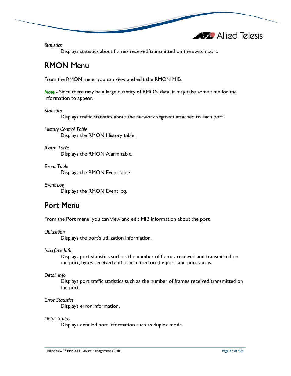 Rmon menu, Port menu | Allied Telesis AlliedView-EMS 3.11 DEVICE MANAGEMENT User Manual | Page 57 / 402