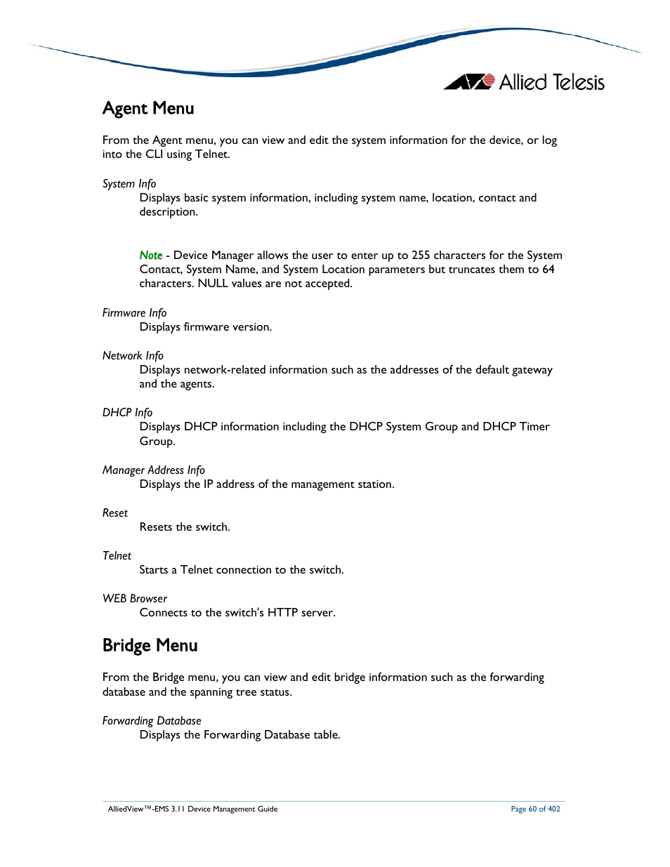Agent menu, Bridge menu | Allied Telesis AlliedView-EMS 3.11 DEVICE MANAGEMENT User Manual | Page 60 / 402