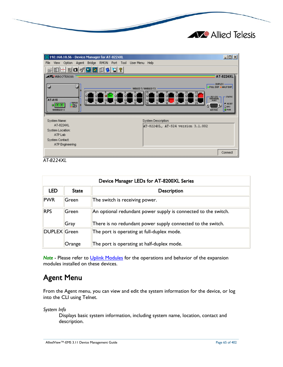 Agent menu | Allied Telesis AlliedView-EMS 3.11 DEVICE MANAGEMENT User Manual | Page 65 / 402