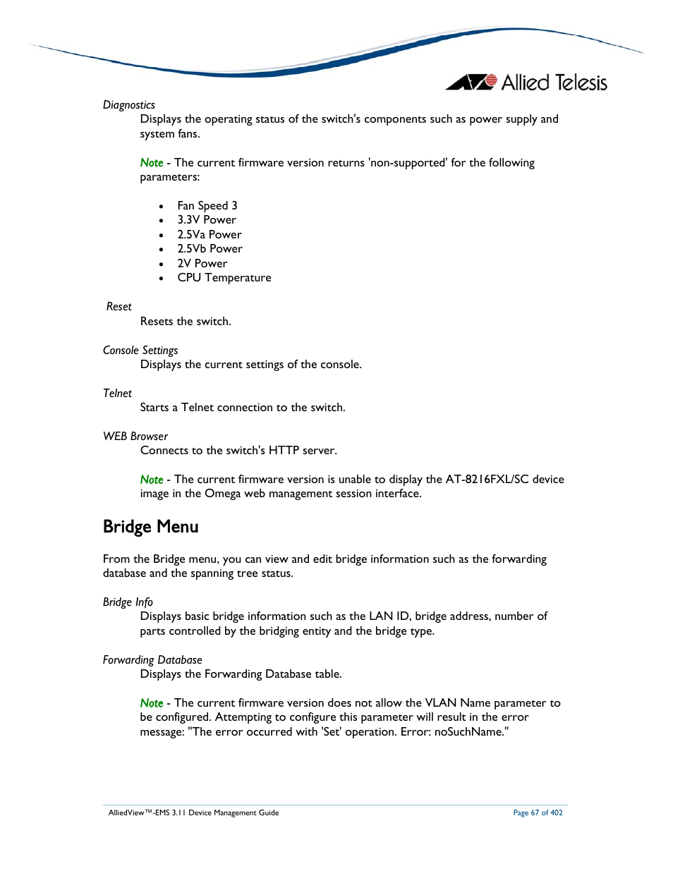 Bridge menu | Allied Telesis AlliedView-EMS 3.11 DEVICE MANAGEMENT User Manual | Page 67 / 402
