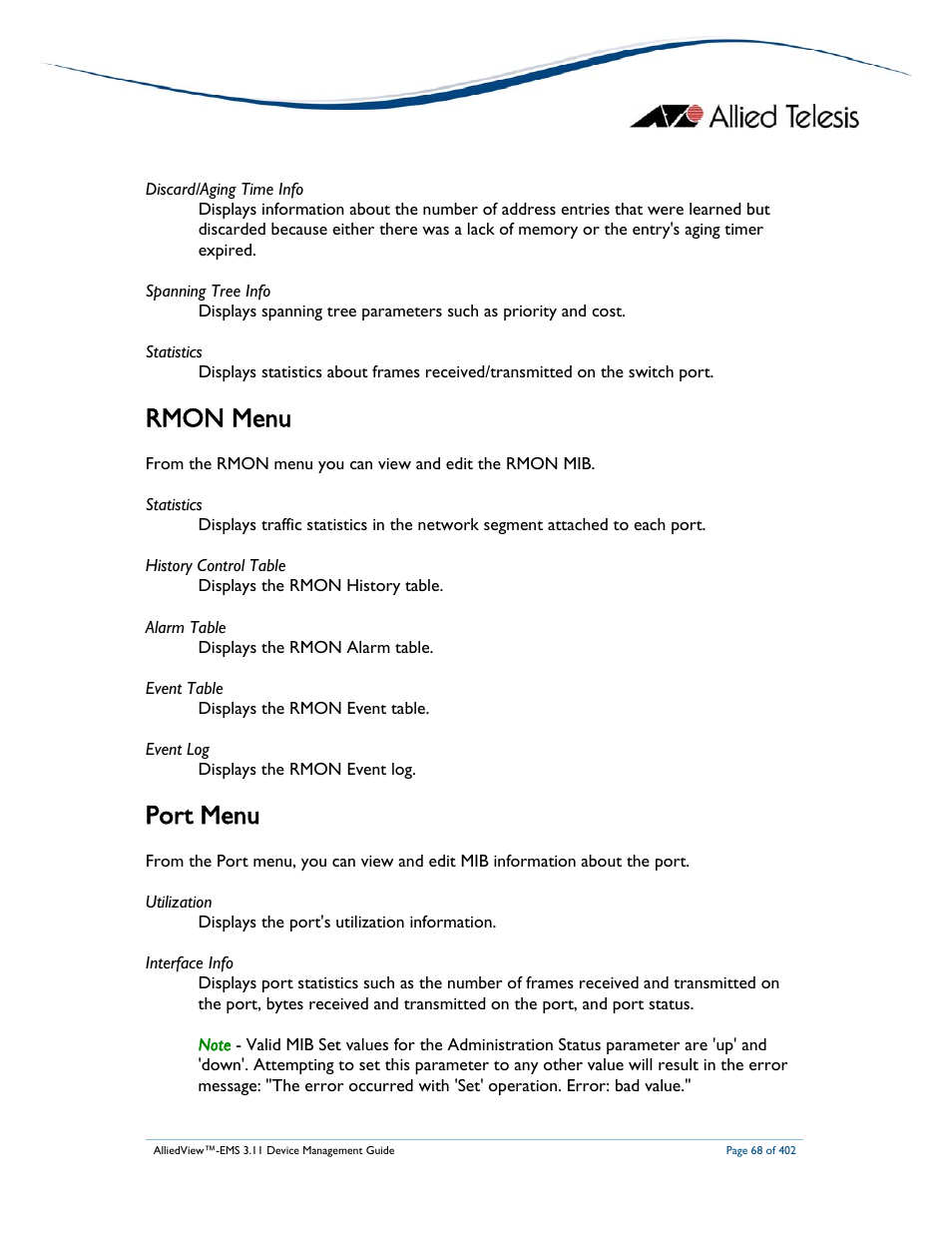 Rmon menu, Port menu | Allied Telesis AlliedView-EMS 3.11 DEVICE MANAGEMENT User Manual | Page 68 / 402