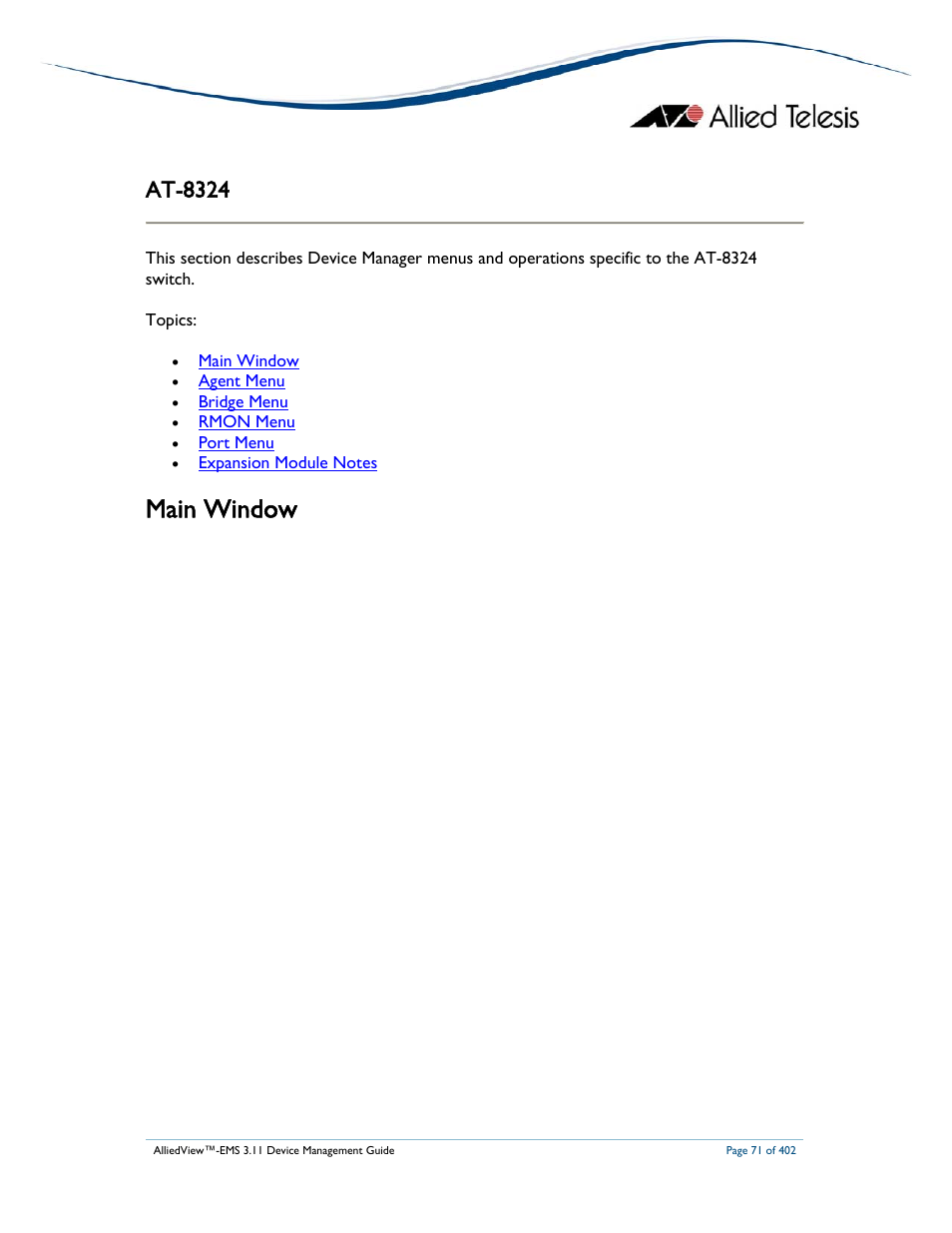 Main window, At-8324 | Allied Telesis AlliedView-EMS 3.11 DEVICE MANAGEMENT User Manual | Page 71 / 402
