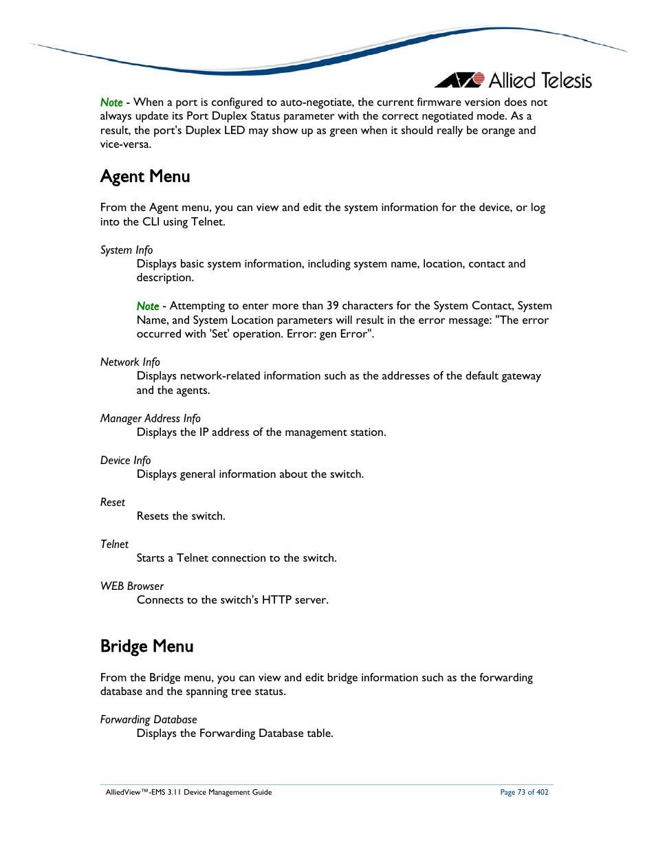 Agent menu, Bridge menu | Allied Telesis AlliedView-EMS 3.11 DEVICE MANAGEMENT User Manual | Page 73 / 402