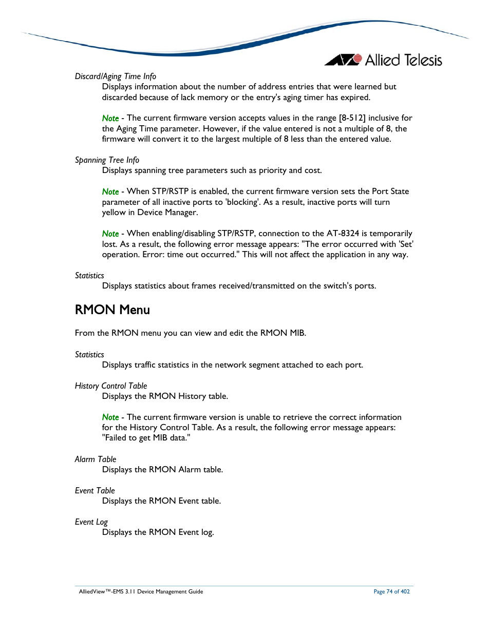 Rmon menu | Allied Telesis AlliedView-EMS 3.11 DEVICE MANAGEMENT User Manual | Page 74 / 402