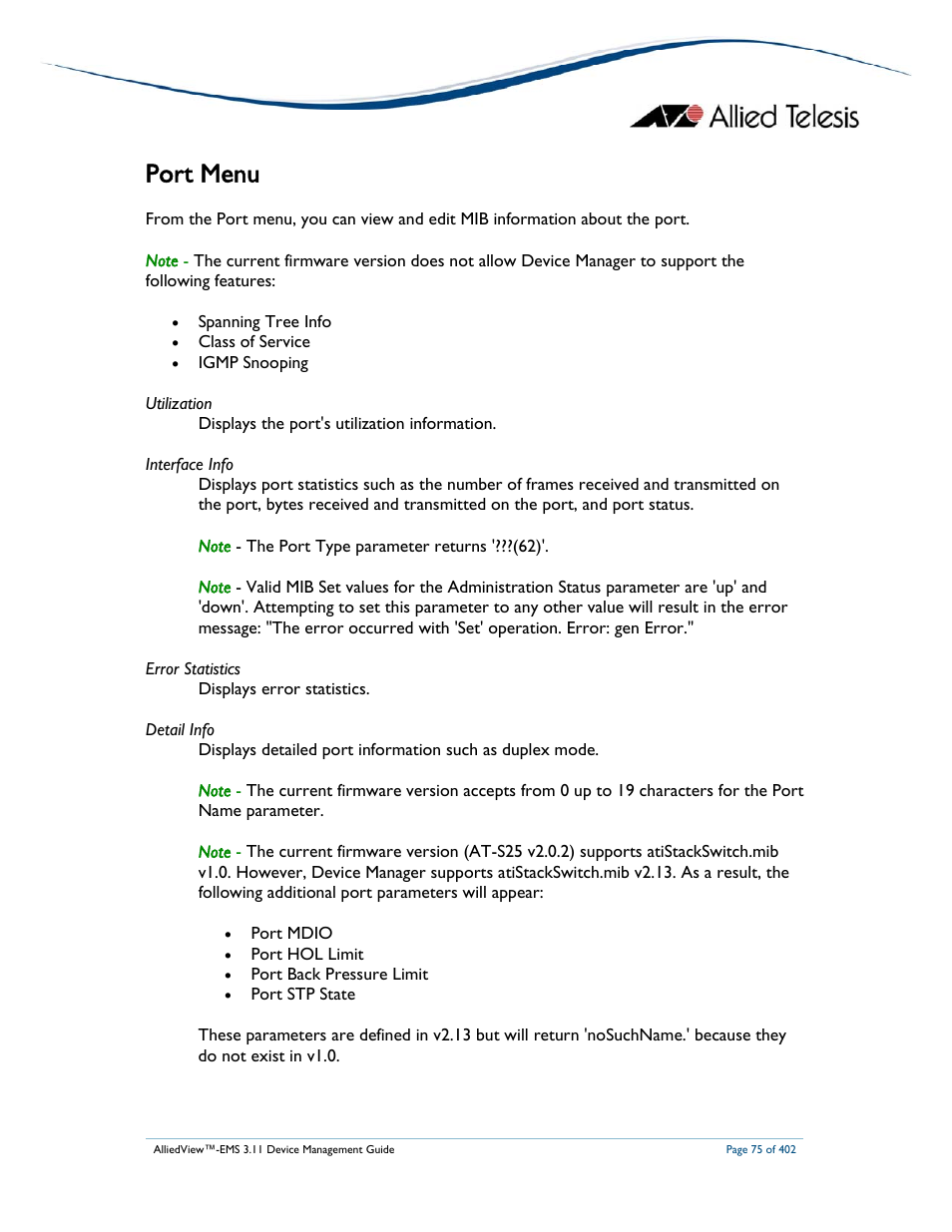 Port menu | Allied Telesis AlliedView-EMS 3.11 DEVICE MANAGEMENT User Manual | Page 75 / 402