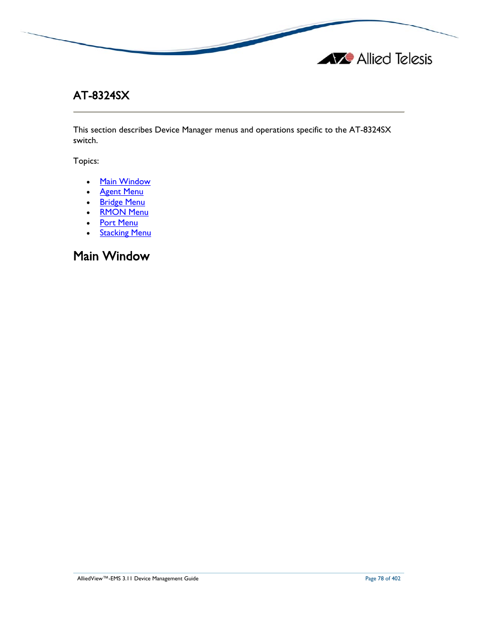 Main window, At-8324sx | Allied Telesis AlliedView-EMS 3.11 DEVICE MANAGEMENT User Manual | Page 78 / 402