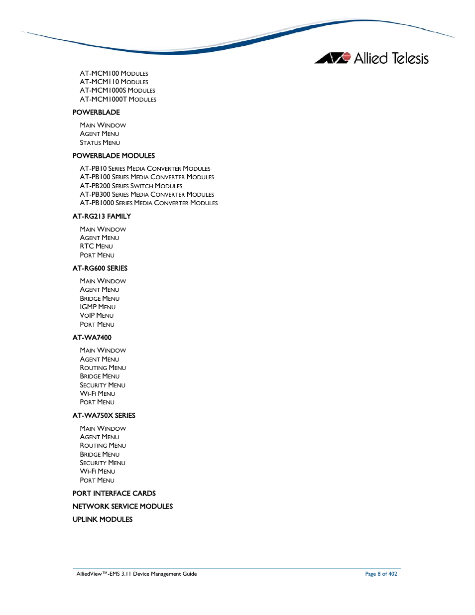 Allied Telesis AlliedView-EMS 3.11 DEVICE MANAGEMENT User Manual | Page 8 / 402