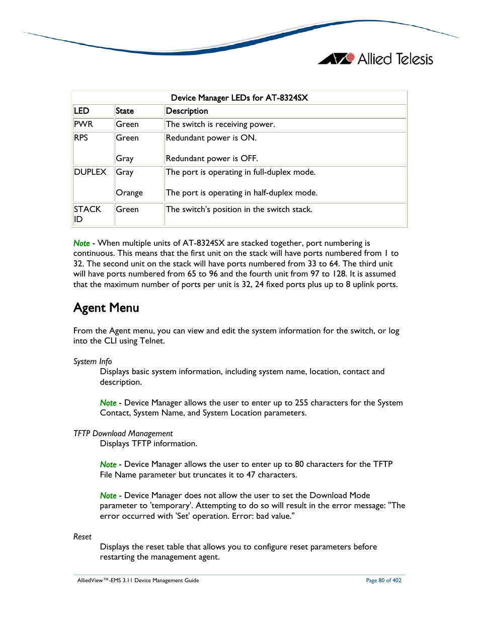 Agent menu | Allied Telesis AlliedView-EMS 3.11 DEVICE MANAGEMENT User Manual | Page 80 / 402