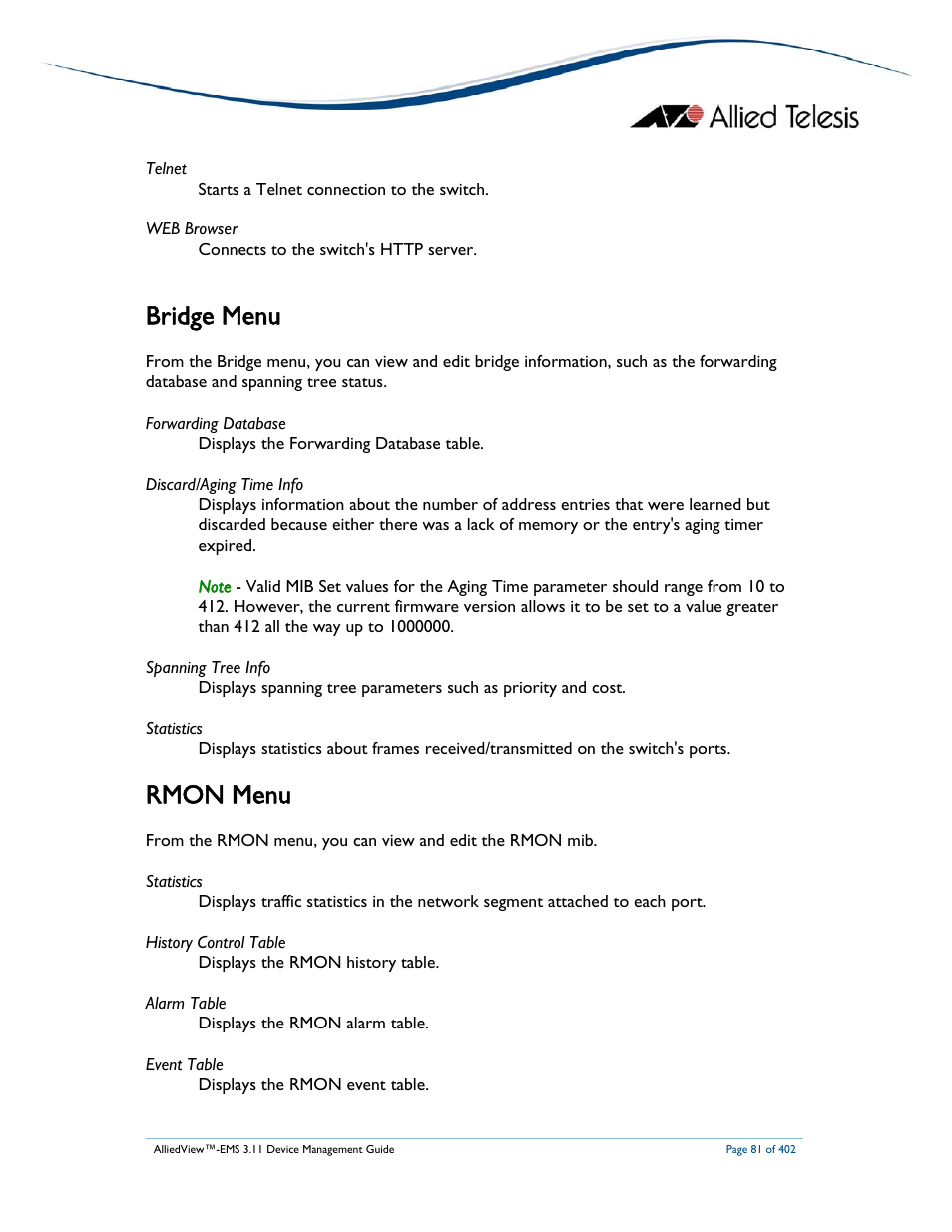 Bridge menu, Rmon menu | Allied Telesis AlliedView-EMS 3.11 DEVICE MANAGEMENT User Manual | Page 81 / 402