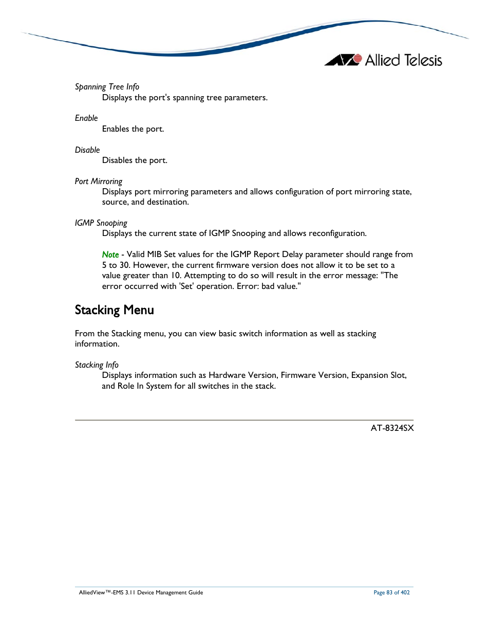 Stacking menu | Allied Telesis AlliedView-EMS 3.11 DEVICE MANAGEMENT User Manual | Page 83 / 402
