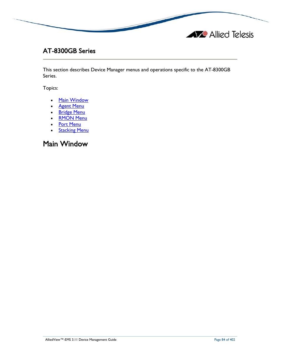Main window, At-8300gb series | Allied Telesis AlliedView-EMS 3.11 DEVICE MANAGEMENT User Manual | Page 84 / 402