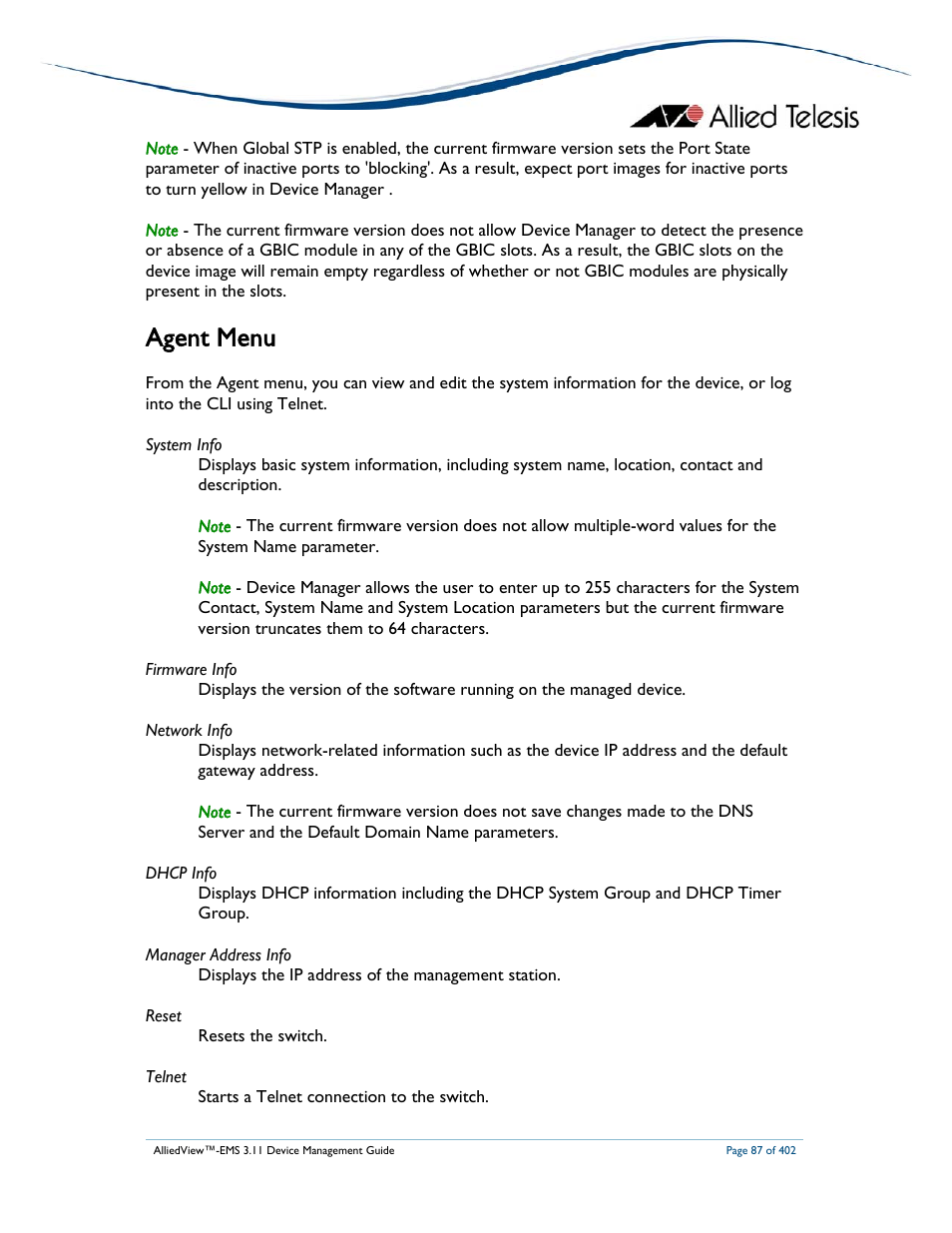 Agent menu | Allied Telesis AlliedView-EMS 3.11 DEVICE MANAGEMENT User Manual | Page 87 / 402