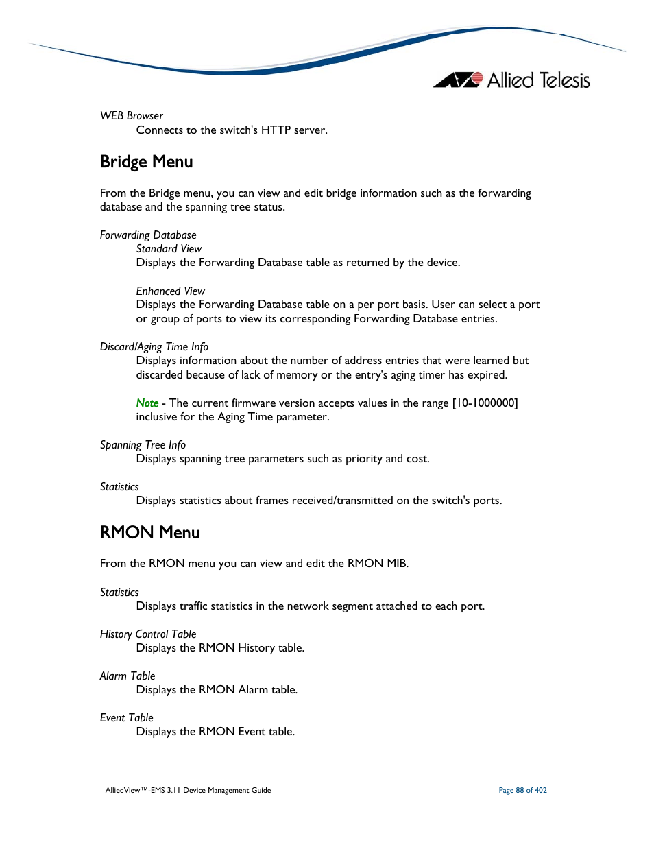 Bridge menu, Rmon menu | Allied Telesis AlliedView-EMS 3.11 DEVICE MANAGEMENT User Manual | Page 88 / 402