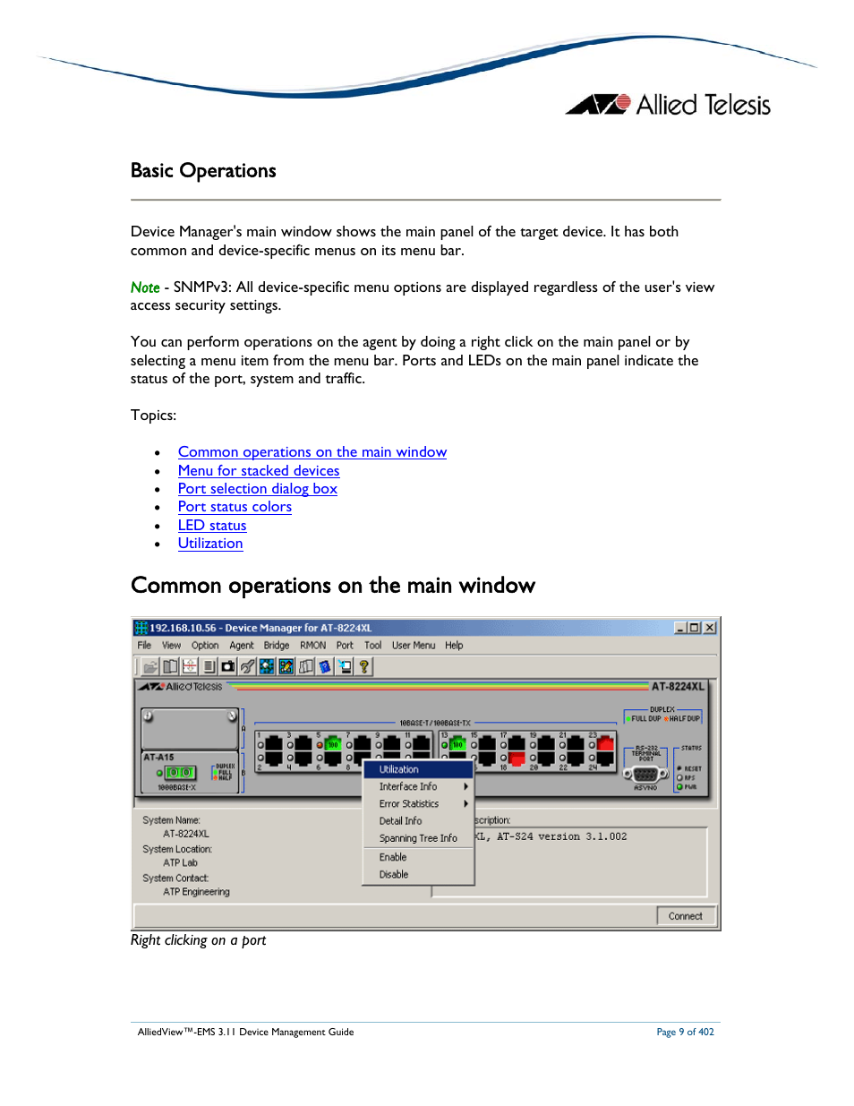 Common operations on the main window, Basic operations | Allied Telesis AlliedView-EMS 3.11 DEVICE MANAGEMENT User Manual | Page 9 / 402