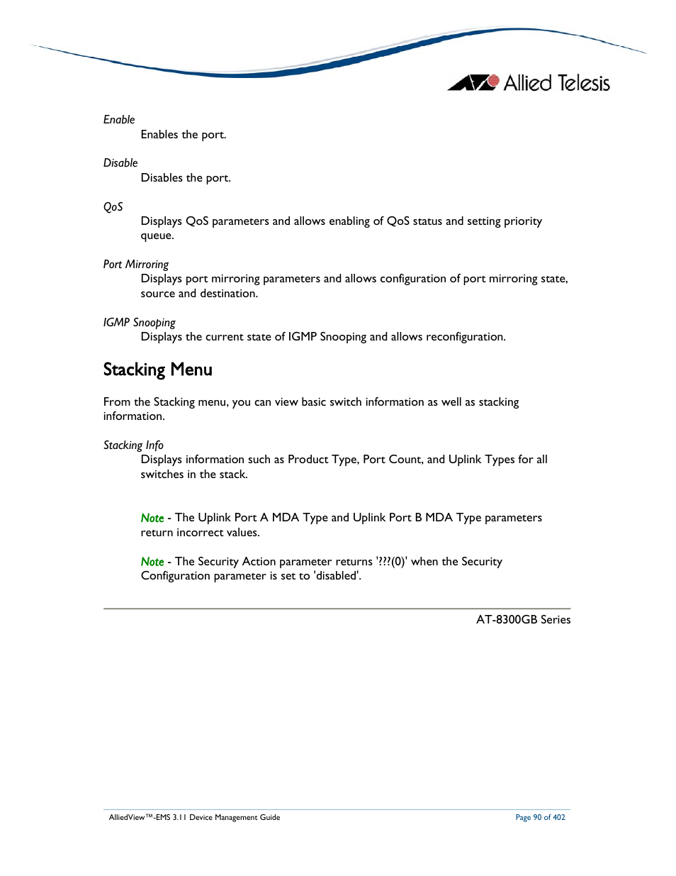 Stacking menu | Allied Telesis AlliedView-EMS 3.11 DEVICE MANAGEMENT User Manual | Page 90 / 402