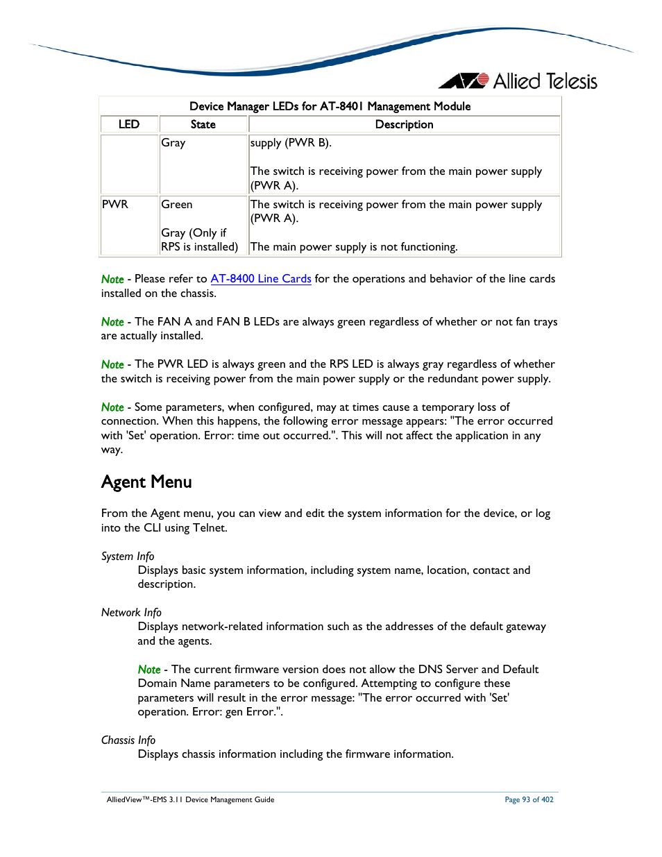 Agent menu | Allied Telesis AlliedView-EMS 3.11 DEVICE MANAGEMENT User Manual | Page 93 / 402