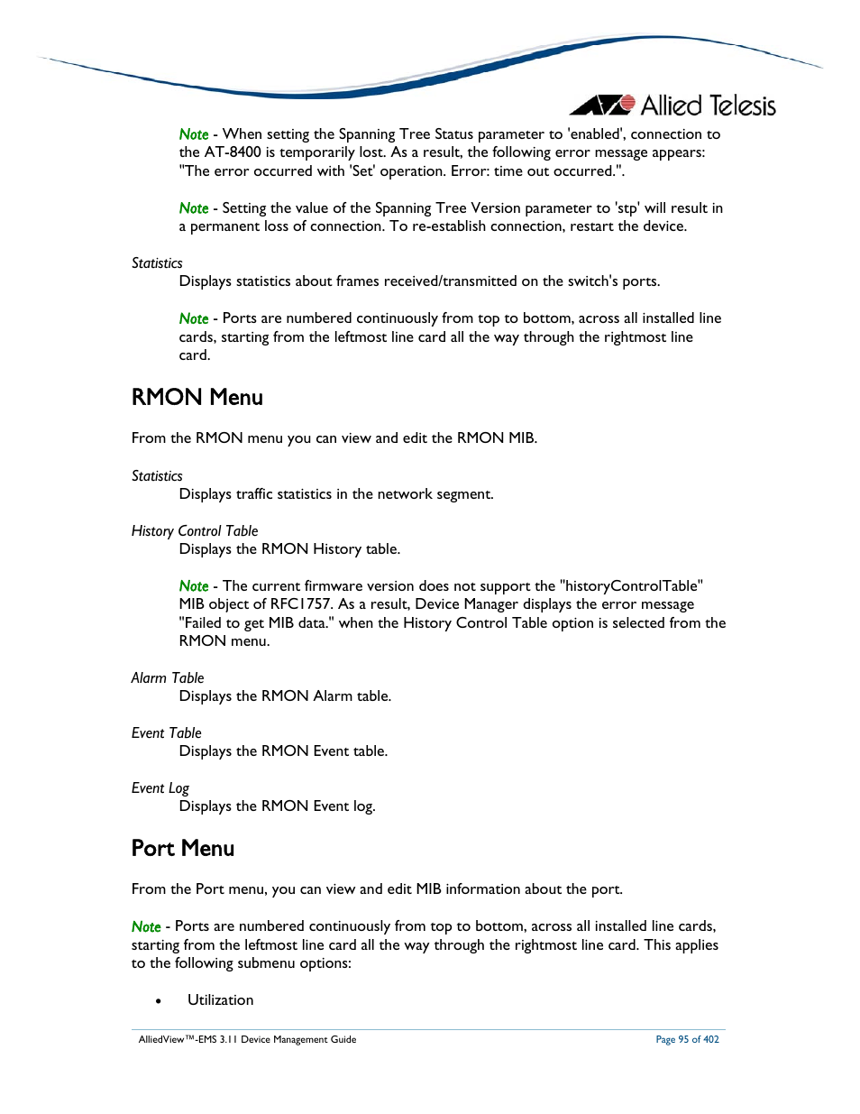 Rmon menu, Port menu | Allied Telesis AlliedView-EMS 3.11 DEVICE MANAGEMENT User Manual | Page 95 / 402