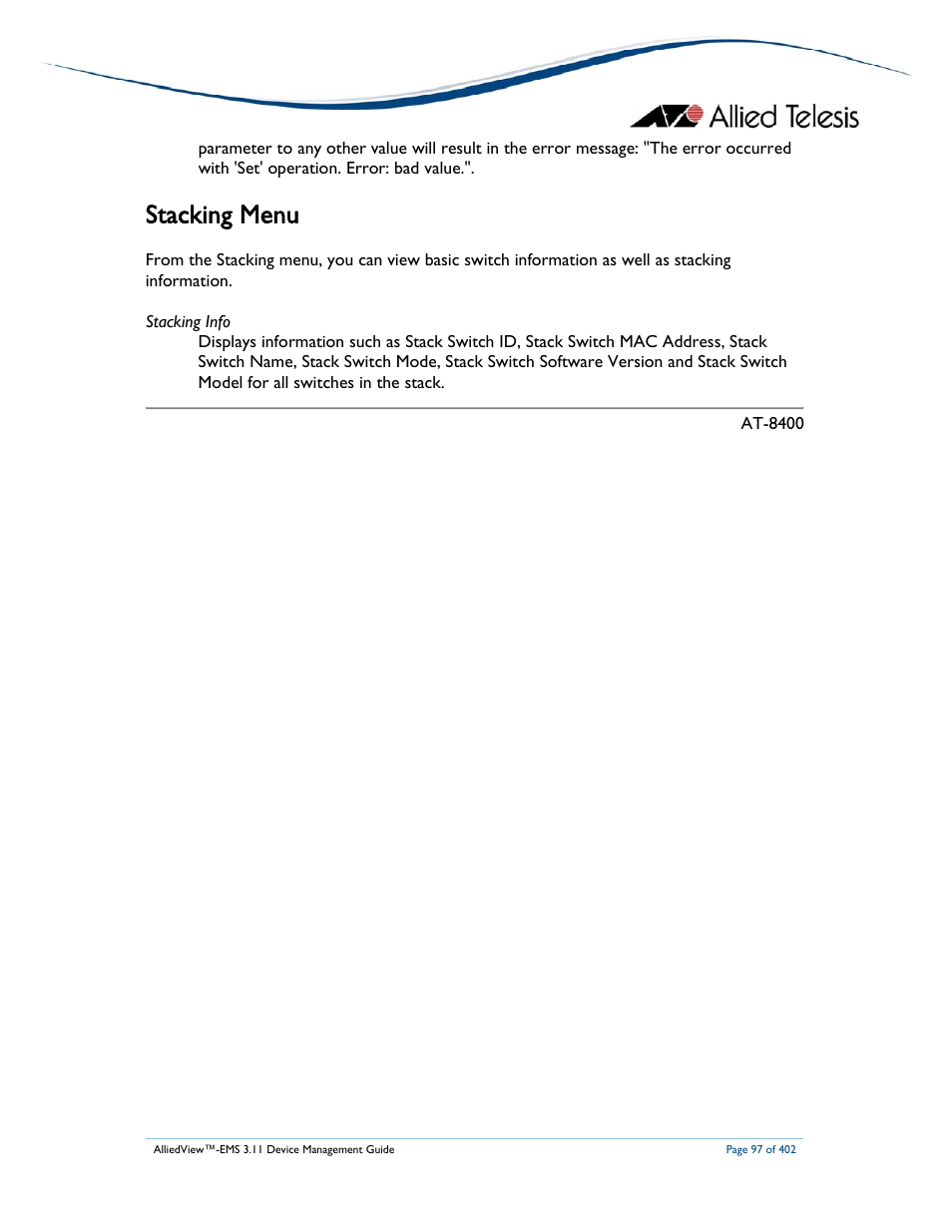 Stacking menu | Allied Telesis AlliedView-EMS 3.11 DEVICE MANAGEMENT User Manual | Page 97 / 402