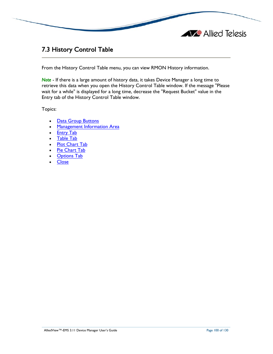 3 history control table | Allied Telesis AlliedView-EMS 3.11 DEVICE MANAGEMENT User Manual | Page 100 / 130