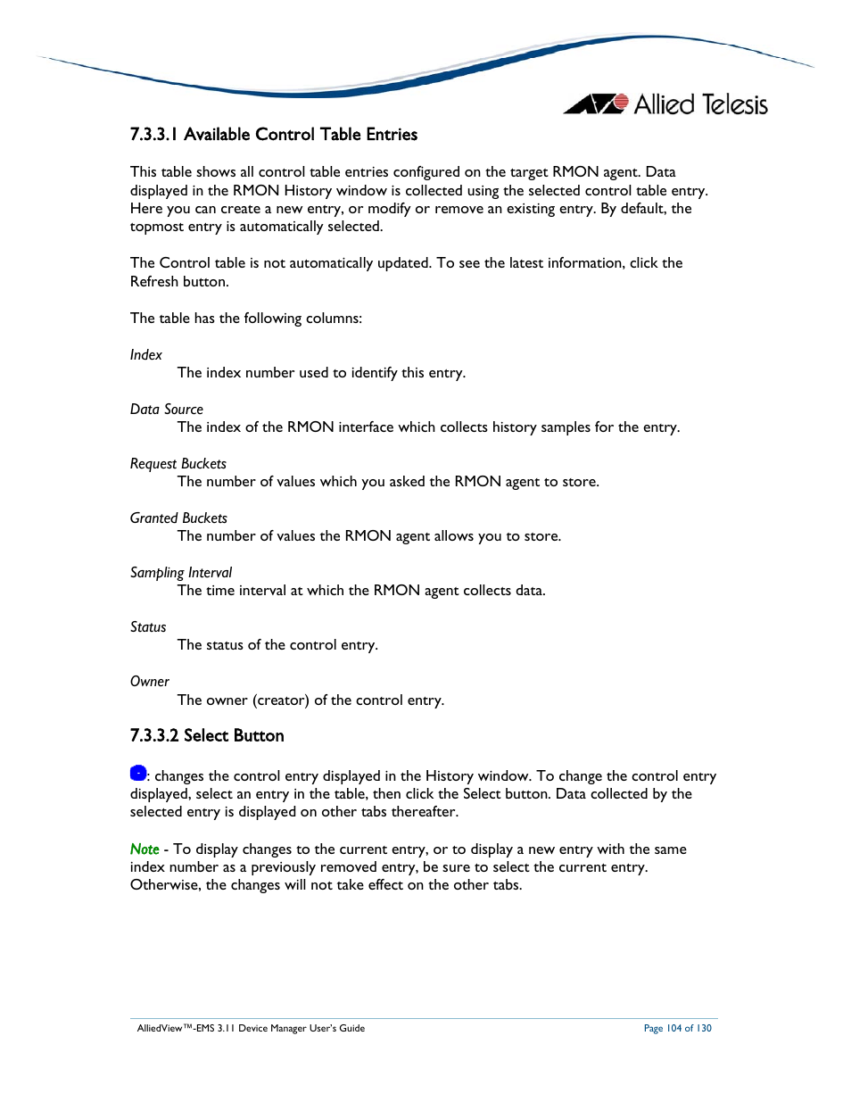 1 available control table entries, 2 select button | Allied Telesis AlliedView-EMS 3.11 DEVICE MANAGEMENT User Manual | Page 104 / 130