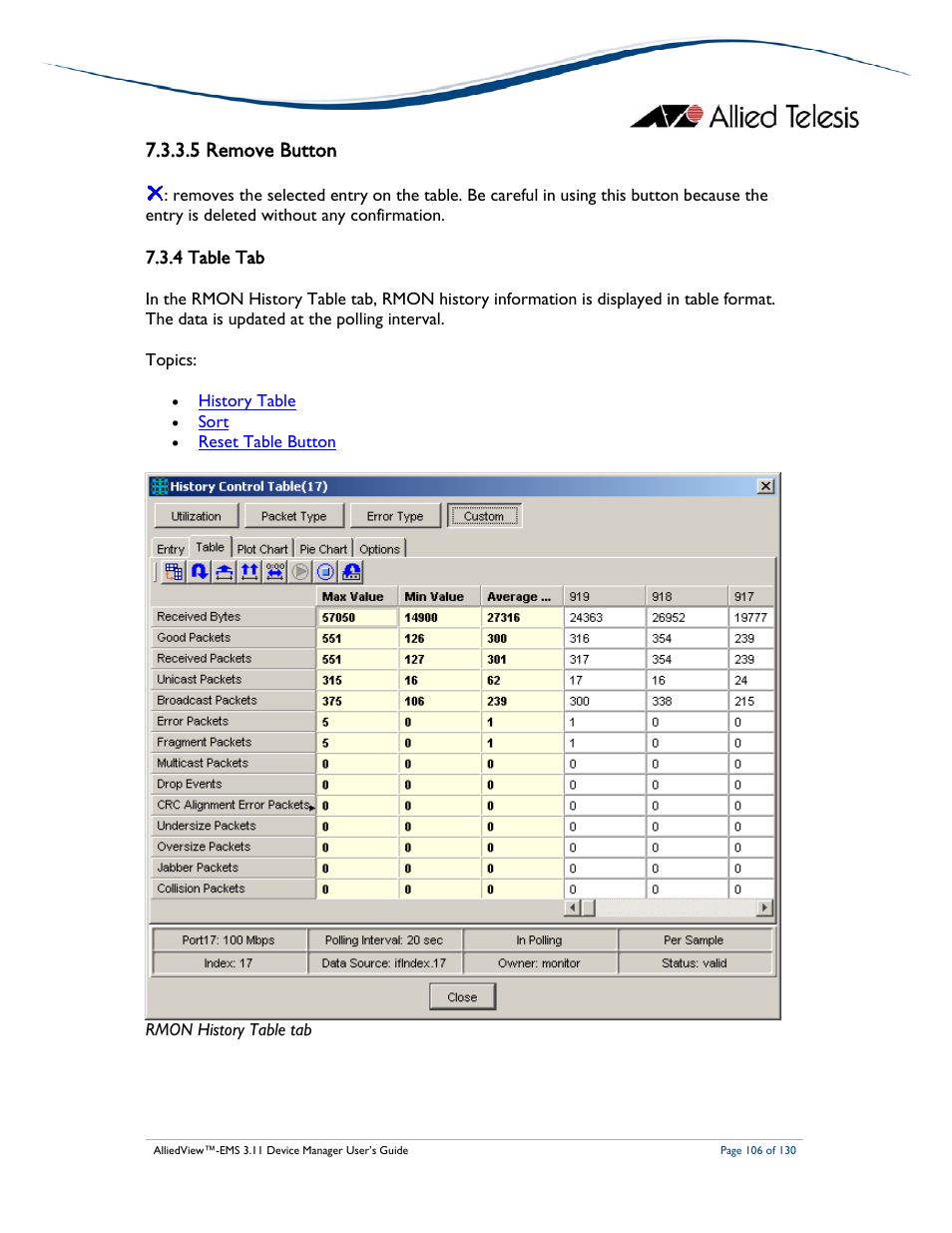 5 remove button, 4 table tab | Allied Telesis AlliedView-EMS 3.11 DEVICE MANAGEMENT User Manual | Page 106 / 130