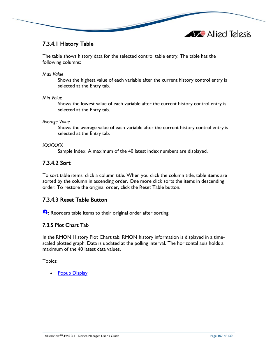 1 history table, 2 sort, 3 reset table button | 5 plot chart tab | Allied Telesis AlliedView-EMS 3.11 DEVICE MANAGEMENT User Manual | Page 107 / 130