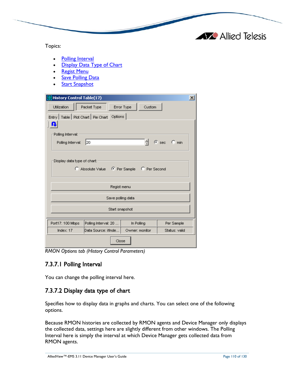 1 polling interval, 2 display data type of chart | Allied Telesis AlliedView-EMS 3.11 DEVICE MANAGEMENT User Manual | Page 110 / 130