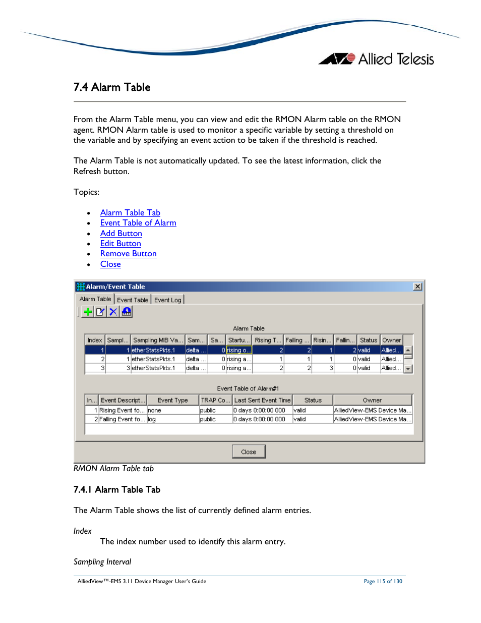 4 alarm table, 1 alarm table tab | Allied Telesis AlliedView-EMS 3.11 DEVICE MANAGEMENT User Manual | Page 115 / 130