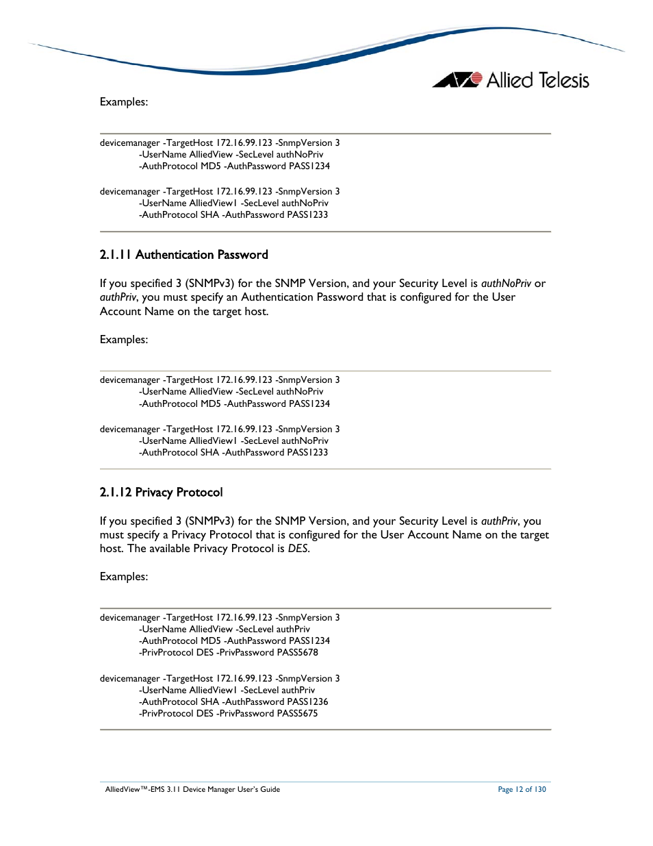 11 authentication password, 12 privacy protocol | Allied Telesis AlliedView-EMS 3.11 DEVICE MANAGEMENT User Manual | Page 12 / 130