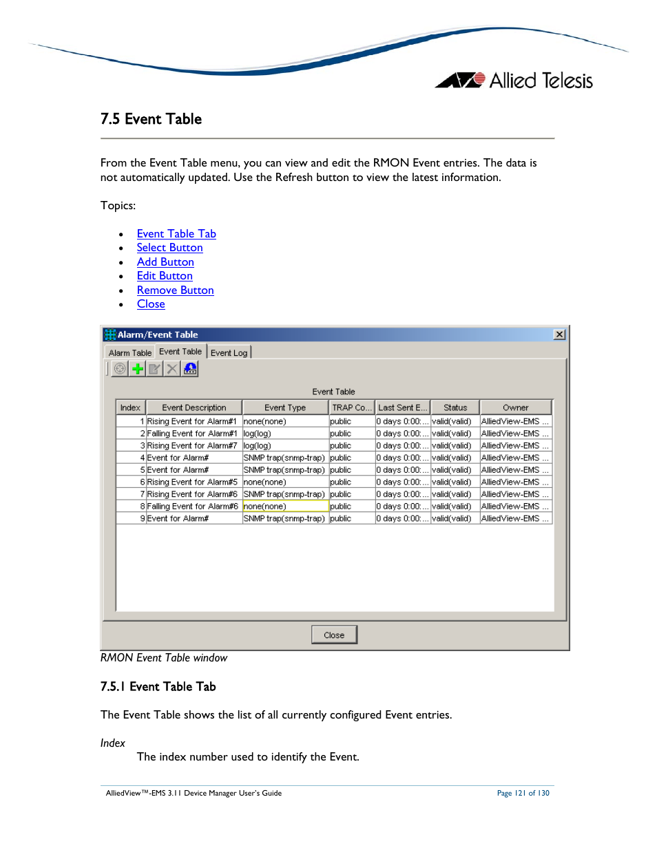 5 event table, 1 event table tab | Allied Telesis AlliedView-EMS 3.11 DEVICE MANAGEMENT User Manual | Page 121 / 130