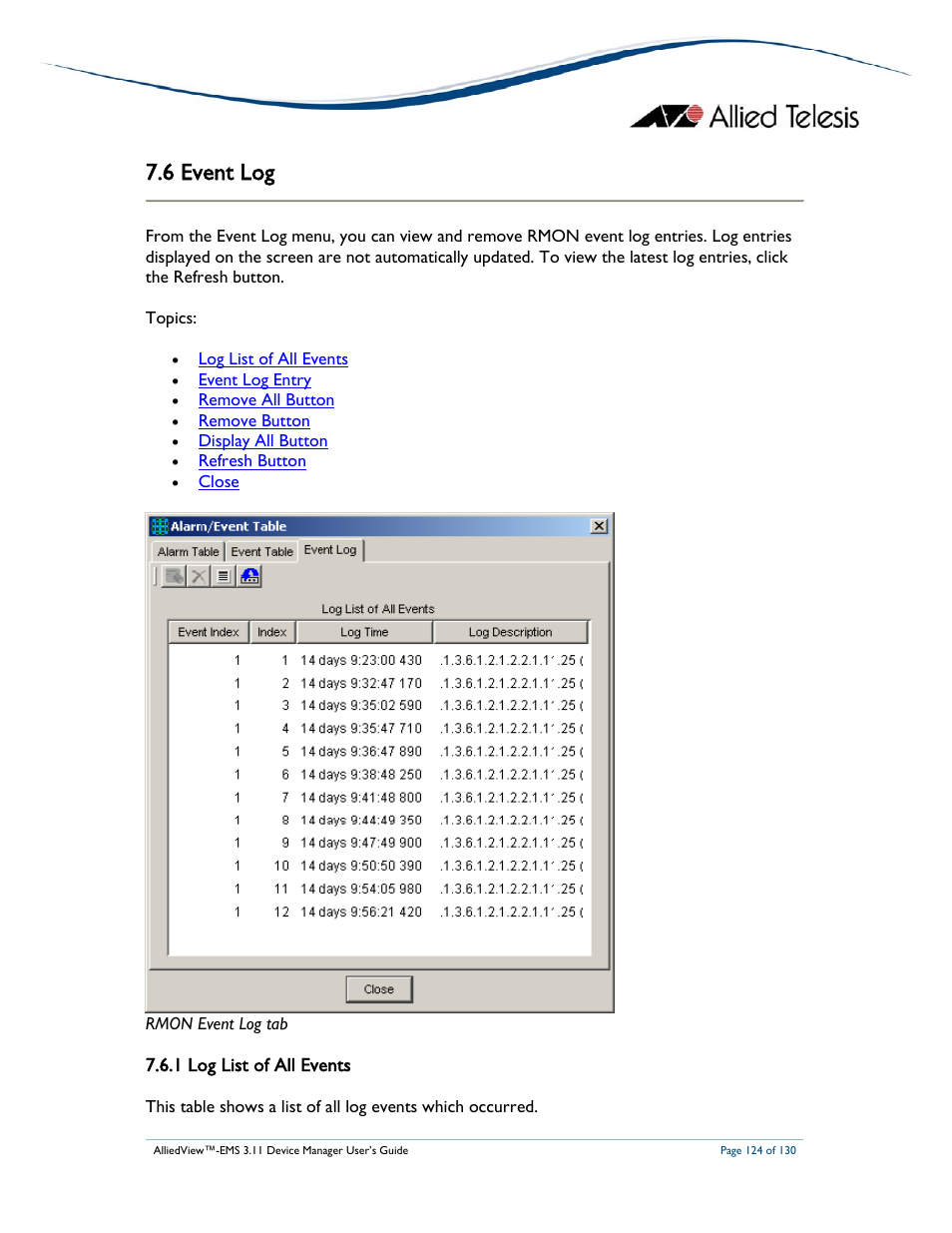 6 event log, 1 log list of all events | Allied Telesis AlliedView-EMS 3.11 DEVICE MANAGEMENT User Manual | Page 124 / 130