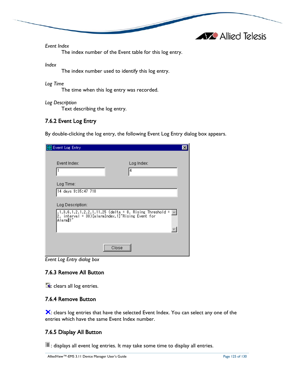 2 event log entry, 3 remove all button, 4 remove button | 5 display all button | Allied Telesis AlliedView-EMS 3.11 DEVICE MANAGEMENT User Manual | Page 125 / 130