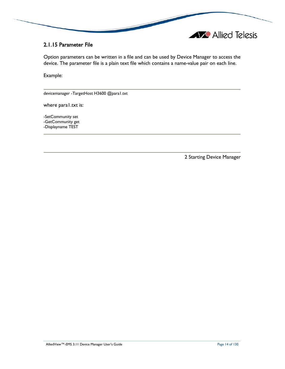 15 parameter file | Allied Telesis AlliedView-EMS 3.11 DEVICE MANAGEMENT User Manual | Page 14 / 130
