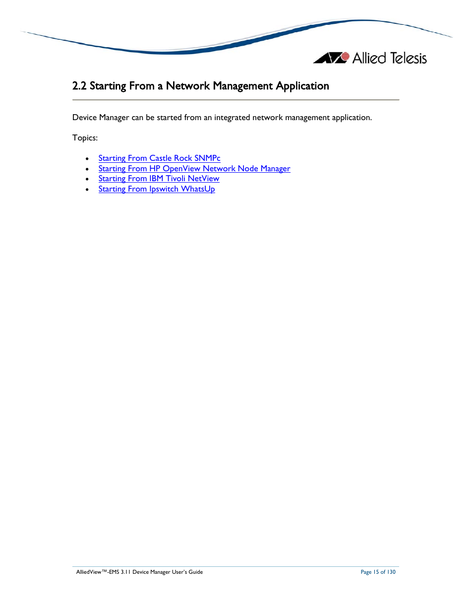 2 starting from a network management application | Allied Telesis AlliedView-EMS 3.11 DEVICE MANAGEMENT User Manual | Page 15 / 130