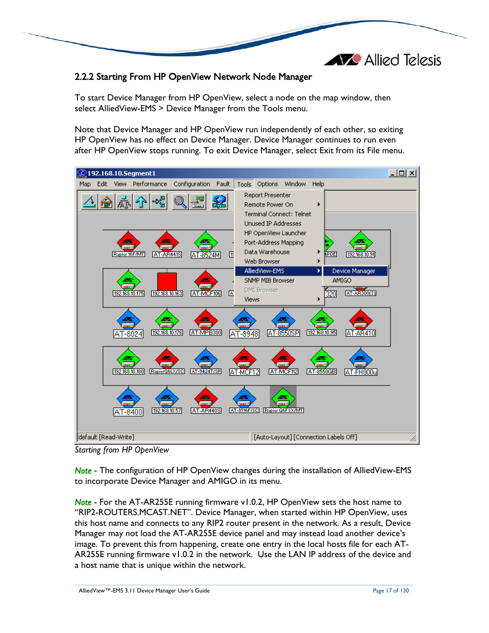 2 starting from hp openview network node manager | Allied Telesis AlliedView-EMS 3.11 DEVICE MANAGEMENT User Manual | Page 17 / 130